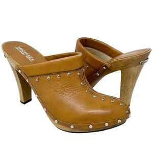 MICHAEL KORS Womens Brown Leather Studded High Heel Mule Shoes Size 8